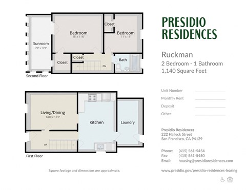 Floor plan for 2 beds, 1 bath, 1140 sqft